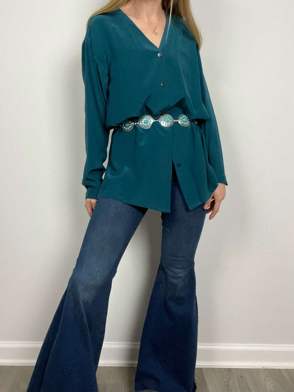 VINTAGE Dorman 100% Silk Teal Button Front Long Sleeve Preppy Tunic Blouse